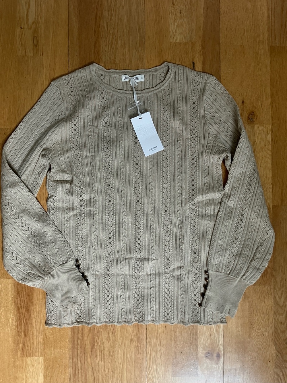 Grace Karin Beige Cable Knit Crewneck Sweater